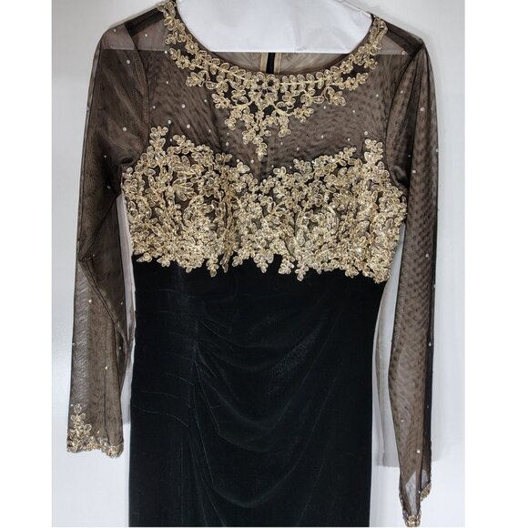 Xscape Beaded Illusion Bodice Velvet Evening Gown, Black & Gold, Womens Size 2 - Picture 4 of 12